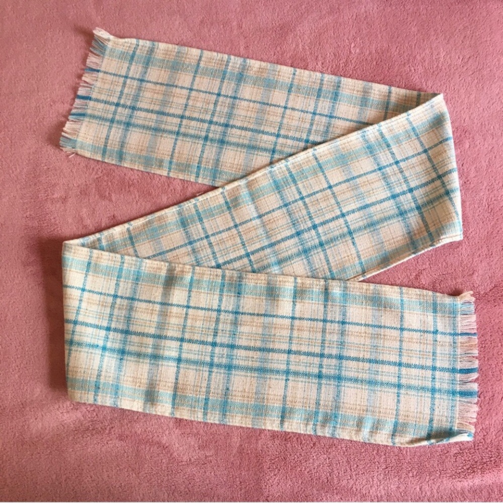 Vintage sash belt scarf plaid wide woven fabric eyelash fringe turquoise white